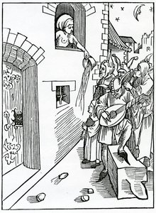 Af nattevogtere og bedre på gaden, der spiller om natten på instrumenter og synge lyke foyles, når tyme skal hvile, illustration fra Alexander Barclays engelske oversættelse af 